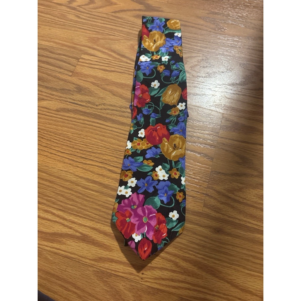 Vintage John Henry Floral Silk Necktie Black Multicolor Made USA